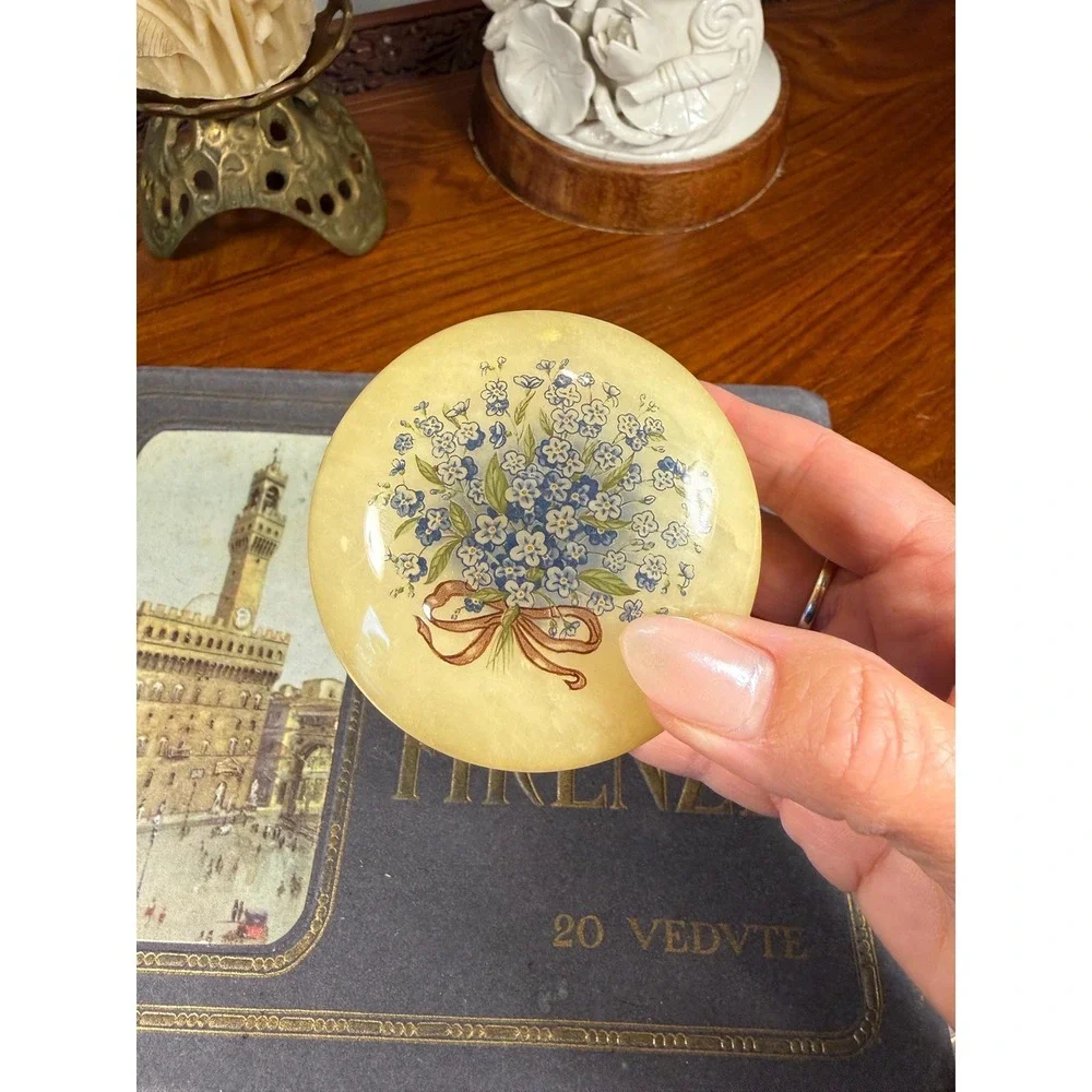 Vintage Alabaster Trinket Box • Forget-Me-Not Floral Stone Jewelry Box